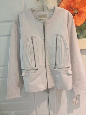 Bloomingdale's white cream  Leather Zip Jacket size Large 12 14 new zippers